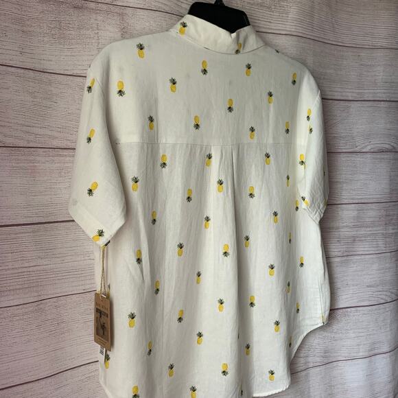 Rae Dunn Women's Linen Pineapple Print Button Up Shirt Short Sleeve Collar Large - Picture 15 of 16